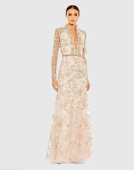 Pink Queen Anne Lace Long Sleeve V-Neck Trumpet Gown