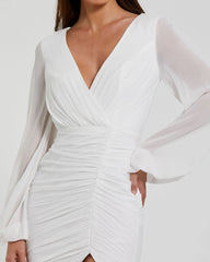 White Long Blouson Sleeve Ruched Mini Dress