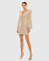 Sequined Structured Bishop Sleeve Mini Dress