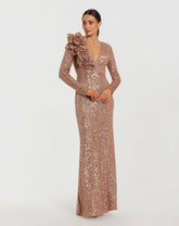 Light Pink Long Sleeve V Neck Sequin Gown With 3D Flower