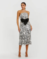 Silver Strapless Paillette Column Midi Dress With Bow
