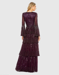 Purple Embellished Bell Sleeve Tiered Gown