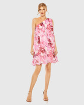 Pink Floral Print One-Shoulder Mini Dress