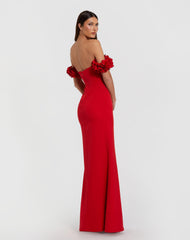 Red Crepe Off The Shoulder Gown With 3D Flowers