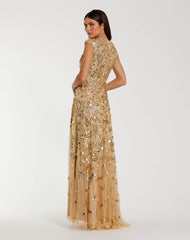 Gold Sequin High Neck Cap Sleeve A Line Gown