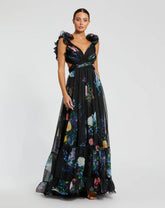 Black Ruffle Tiered Floral Cut-Out Chiffon Gown