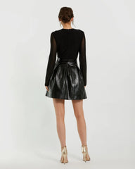Black Mesh And Leather Long Sleeve A Line Mini Dress