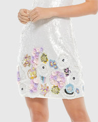 White Sequined Mixed Media Floral Embellished Mini Dress