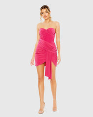 Pink Strapless Ruched Faux Wrap Dress
