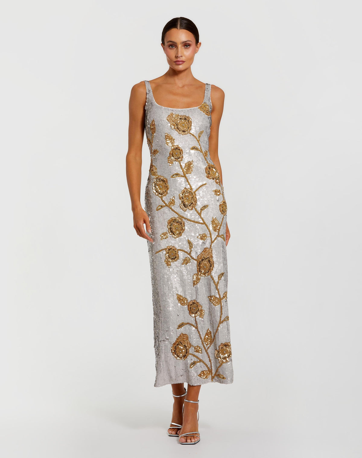Silver Sleeveless Sequin Dress With Gold Floral Detail