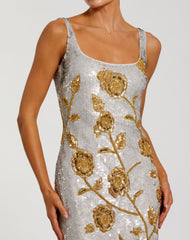 Silver Sleeveless Sequin Dress With Gold Floral Detail