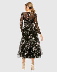 Black High Neck Long Sleeve Embroidered Dress