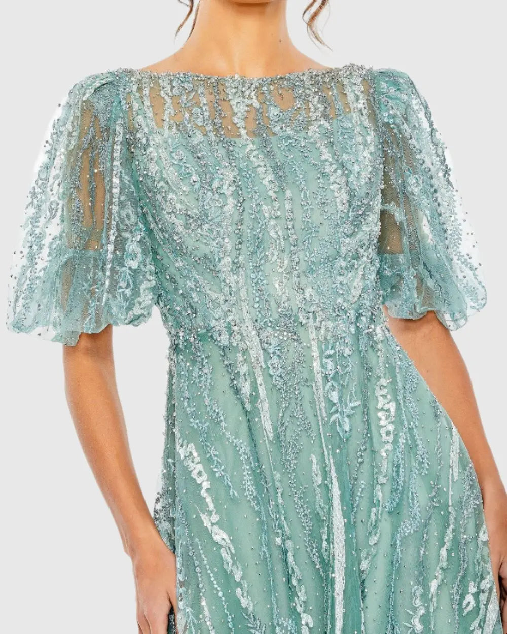 Green High Neck Puff Sleeve Embellished A Line Dress