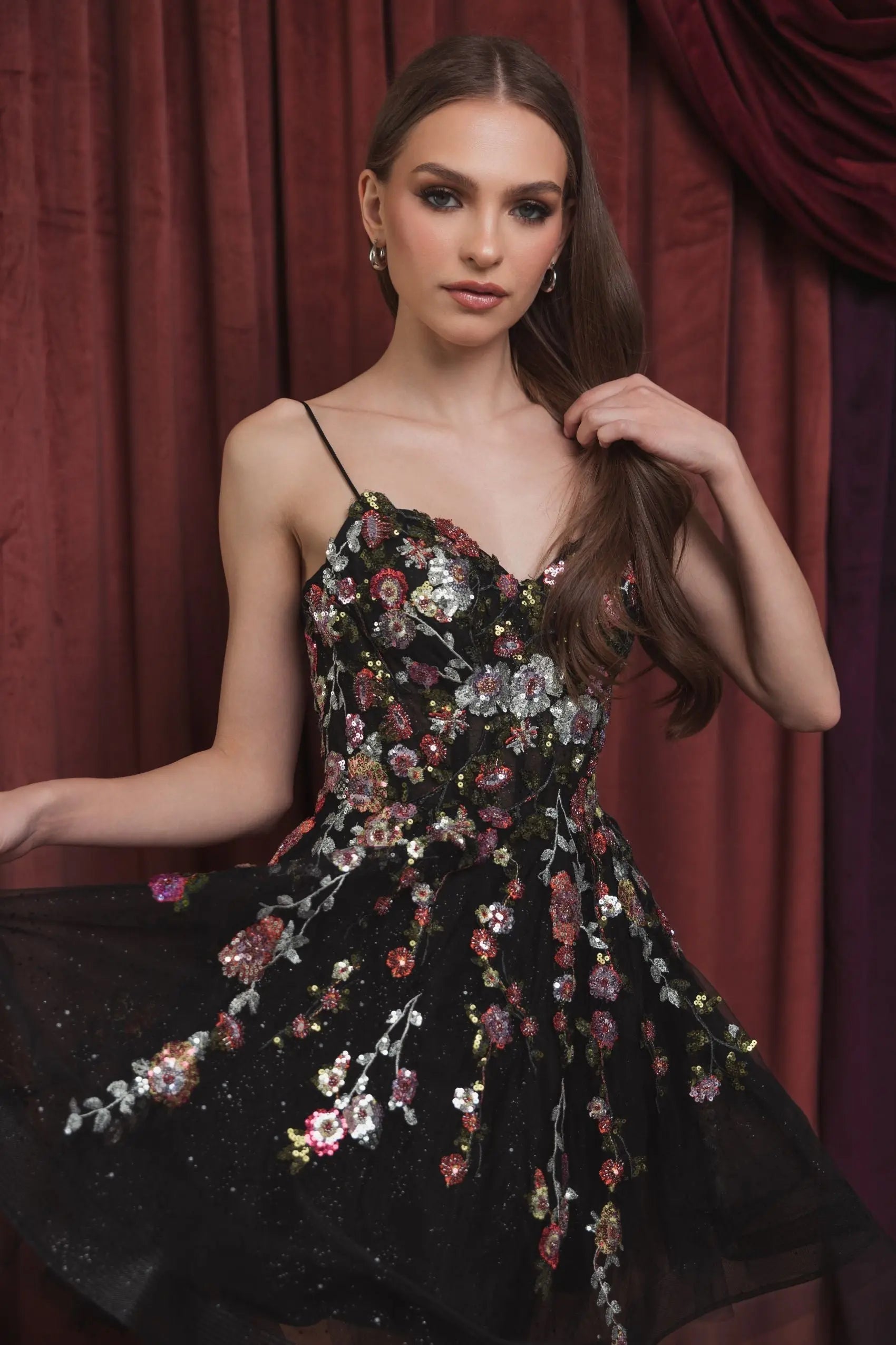 Black Thin Strap Floral Embroidered Mini Dress