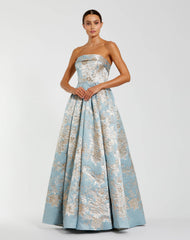 Blue Strapless Brocade Ball Gown with Pockets