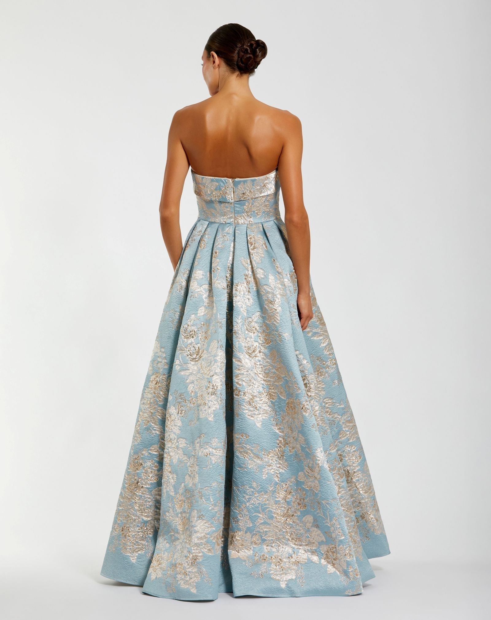 Blue Strapless Brocade Ball Gown with Pockets