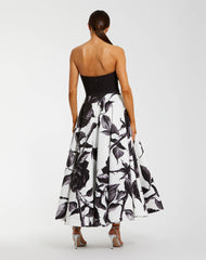 Black and White Floral Strapless Midi Dress With Bow