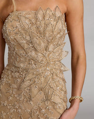 Beige Strapless Embellished Lace Gown with 3D Flower