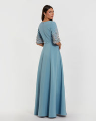 Blue Crepe Gown With Embellished 3/4 Sleeves