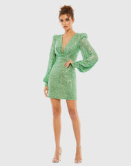 Sequined Structured Bishop Sleeve Mini Dress