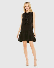 Black Sleeveless Bow Detail Tiered Hem Dress