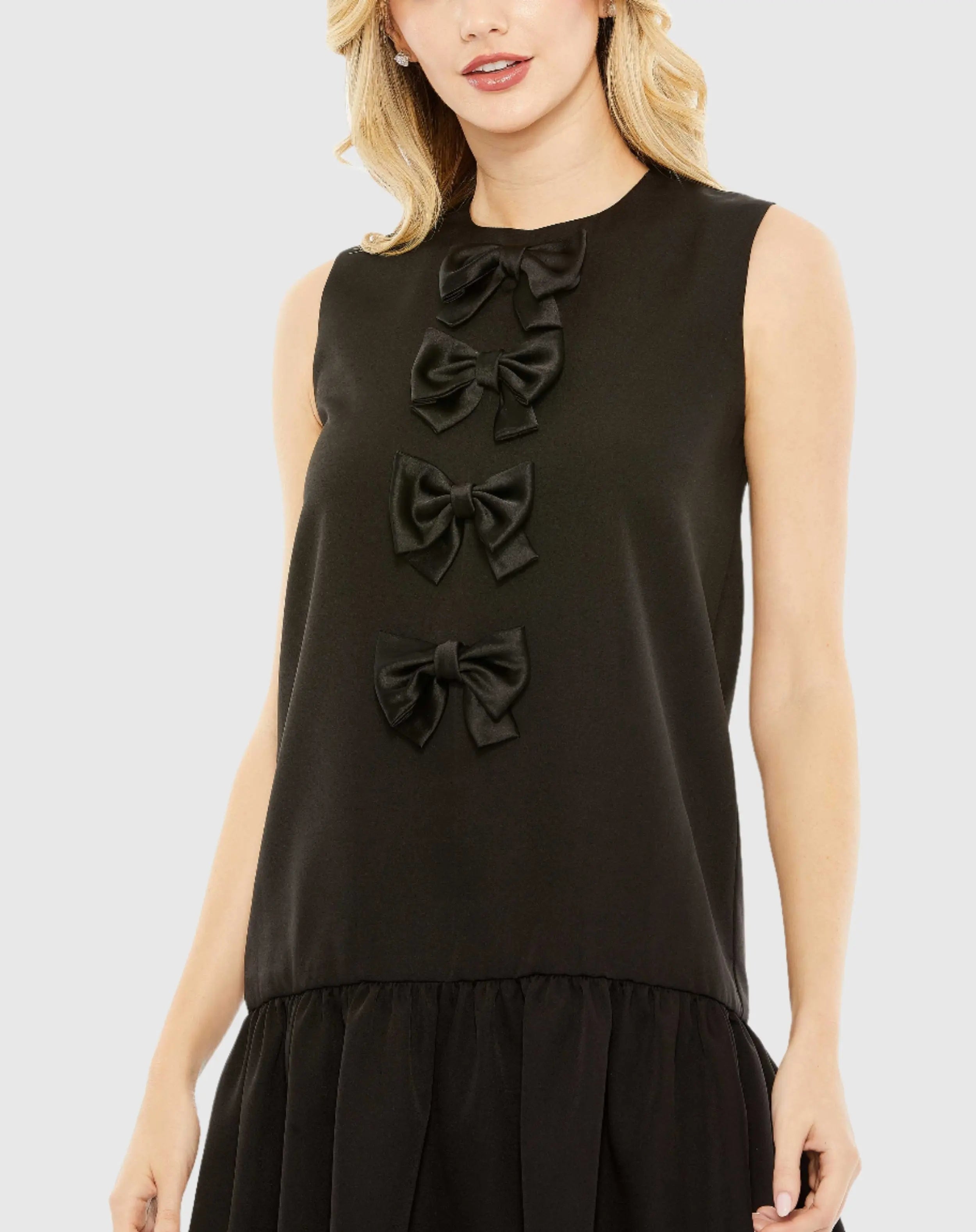 Black Sleeveless Bow Detail Tiered Hem Dress