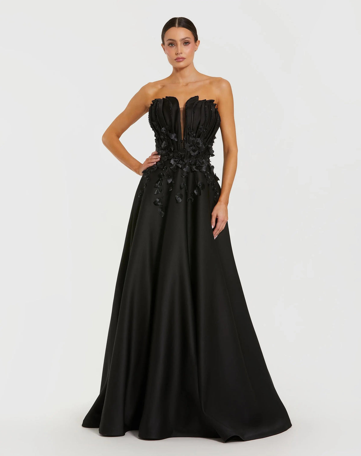 Black Strapless Satin Floral Embellished Ball Gown