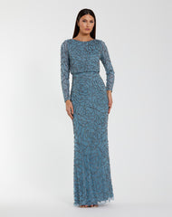 Blue Long Sleeve Beaded Blouson Gown