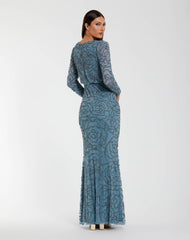 Blue Long Sleeve Beaded Blouson Gown