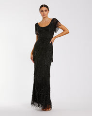 Black Cap Sleeve Beaded Fringe Column Gown