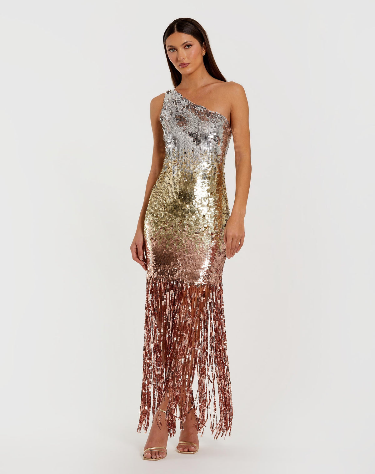 Multicolor Ombre Sequin One Shoulder Fringe Dress