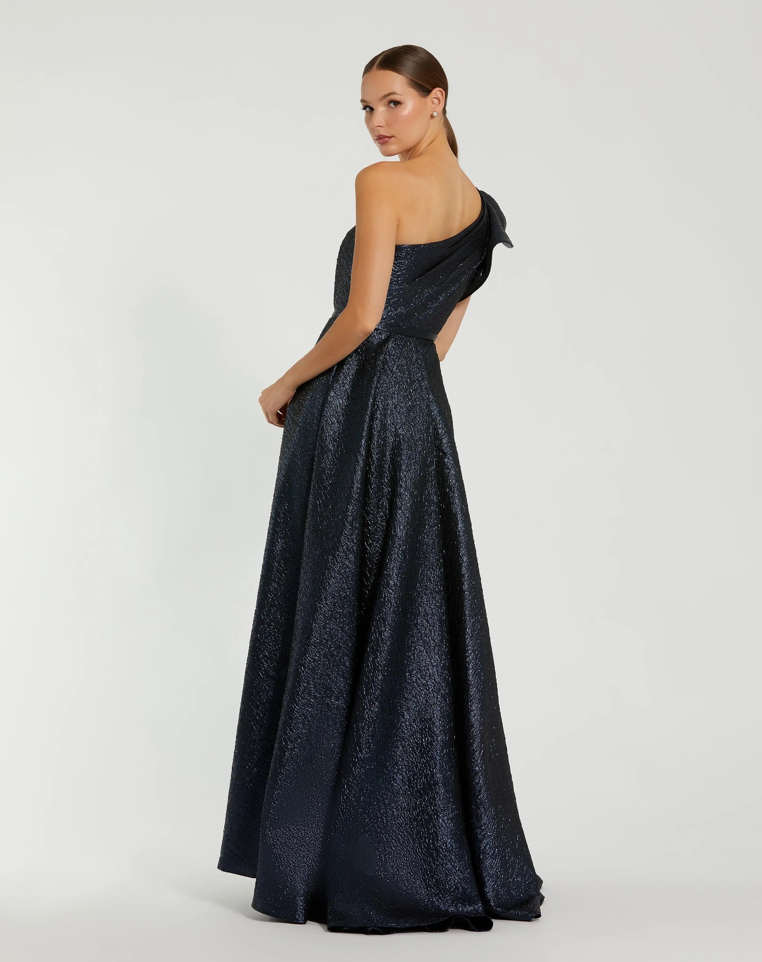 Navy One Shoulder Metallic Ball Gown