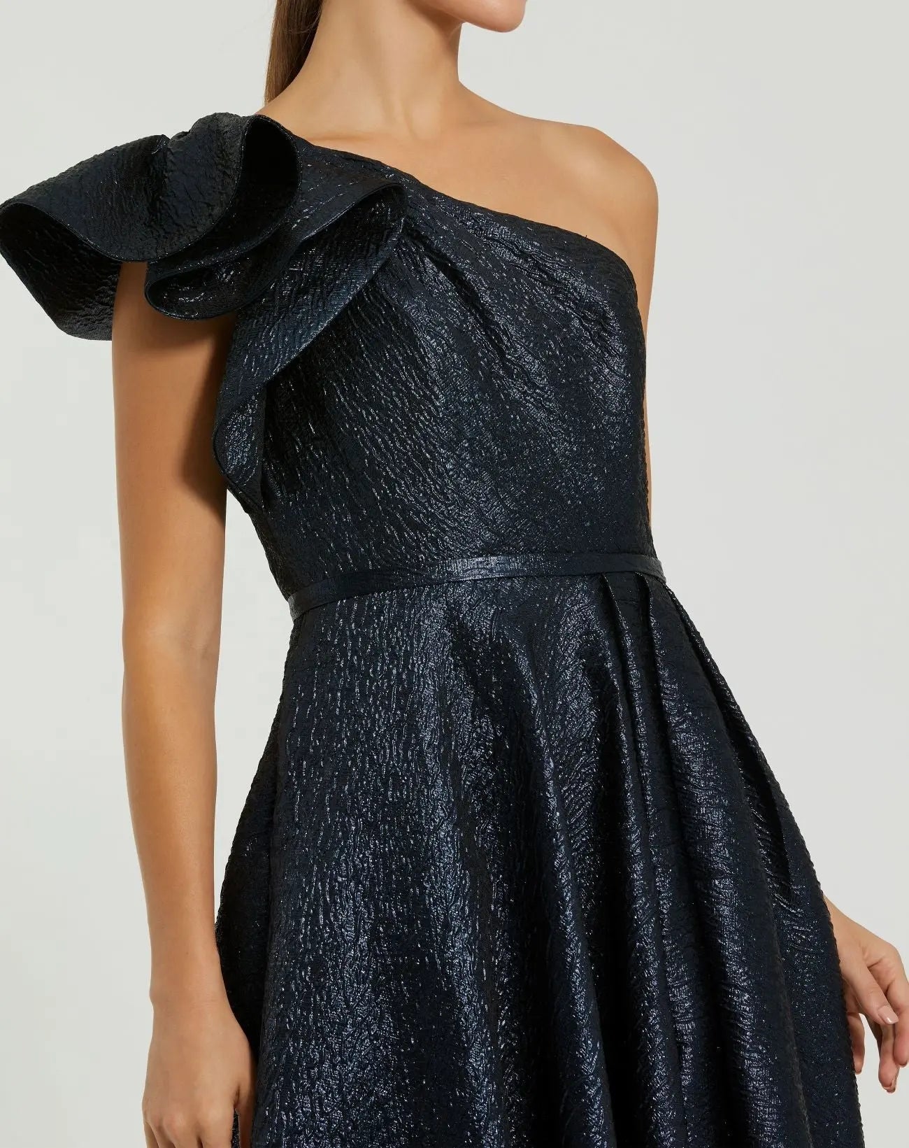 Navy One Shoulder Metallic Ball Gown