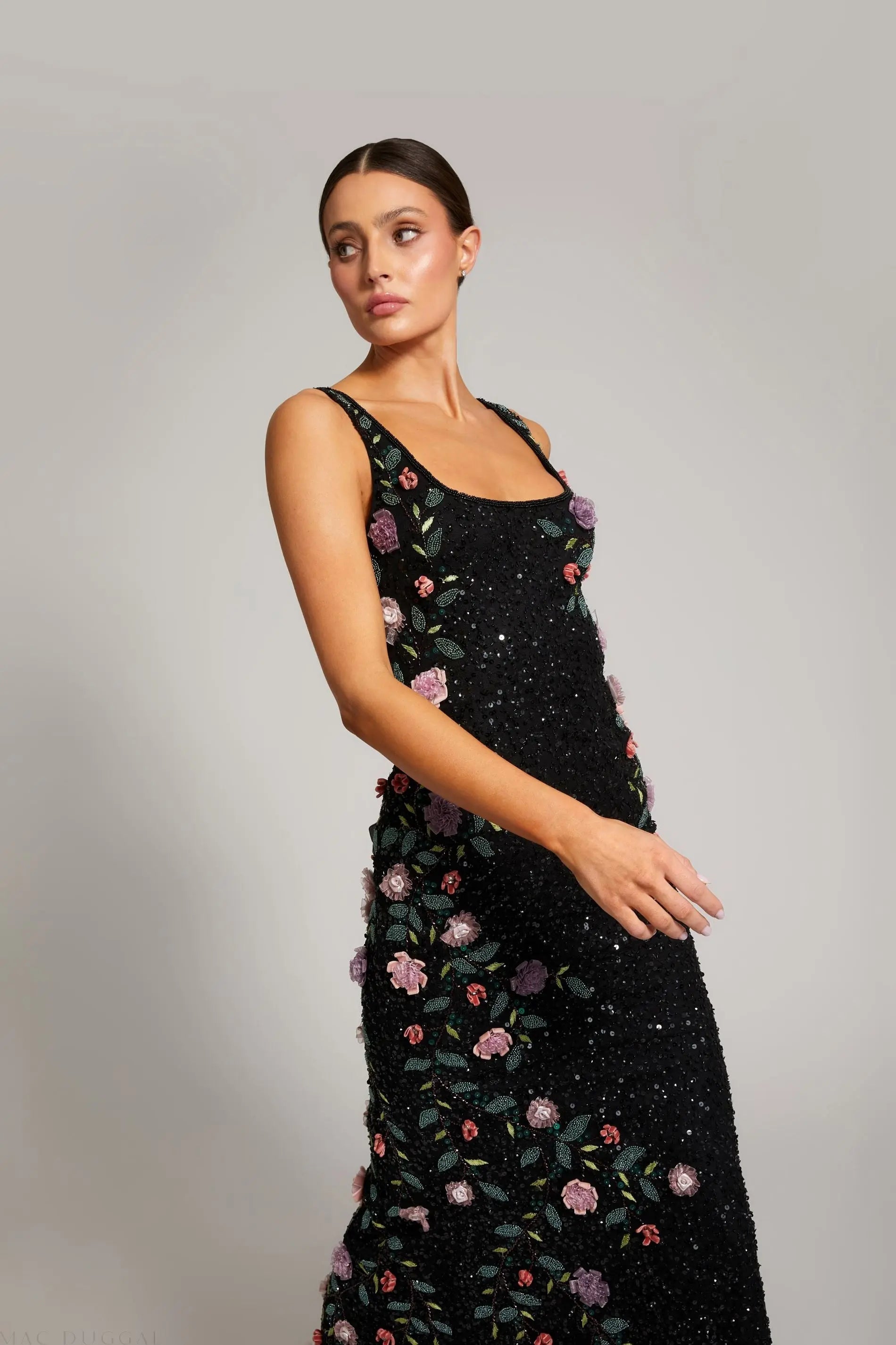 Black Floral Beaded Mesh Scoop Neck Sleeveless Gown
