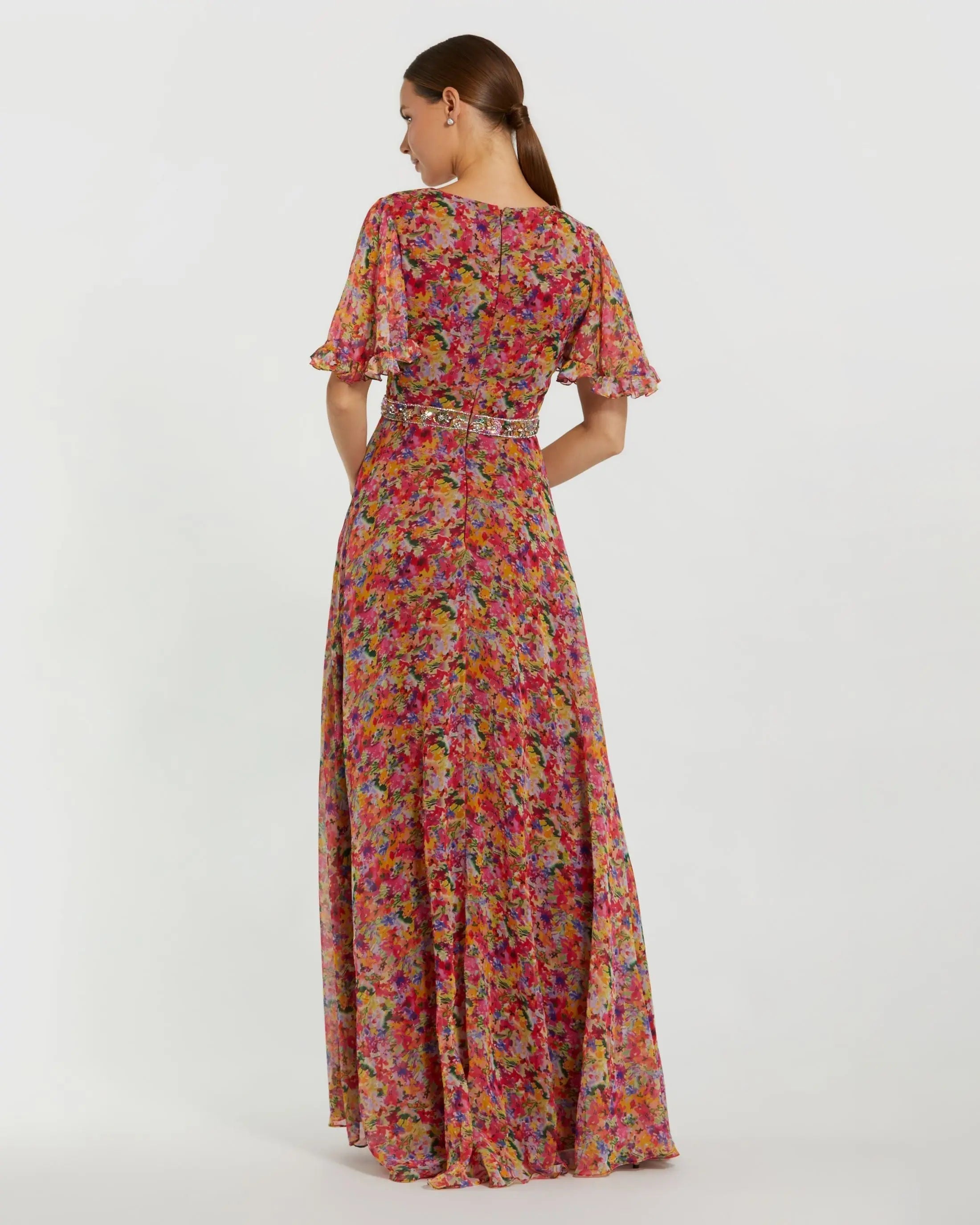 Multicolor Floral Printed Chiffon Flutter Sleeve Gown