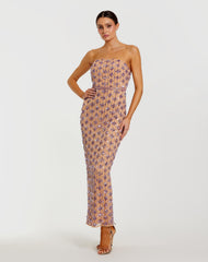Beige and Purple Beaded Strapless Column Dress