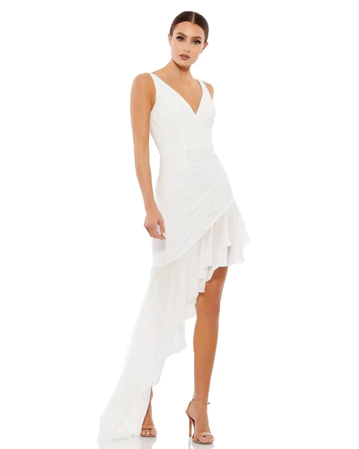 White Asymmetrical Ruffled V-Neck Chiffon Dress
