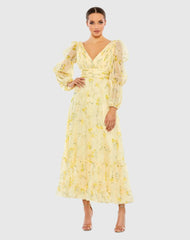 Yellow Floral Print Chiffon Illusion Tiered Puff Dress